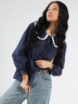 Women's Navy Blue Casual Solid Full Sleeves Shirt with Floral Lace