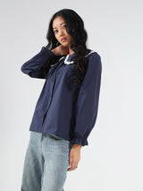 Women's Navy Blue Casual Solid Full Sleeves Shirt with Floral Lace
