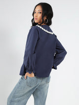 Women's Navy Blue Casual Solid Full Sleeves Shirt with Floral Lace