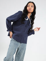Women's Navy Blue Casual Solid Full Sleeves Shirt with Floral Lace