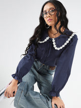 Women's Navy Blue Casual Solid Full Sleeves Shirt with Floral Lace