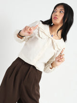 Women's Off White Casual Solid Full Sleeves Shirt with Floral Lace