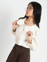 Women's Off White Casual Solid Full Sleeves Shirt with Floral Lace