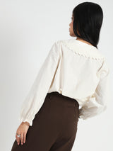 Women's Off White Casual Solid Full Sleeves Shirt with Floral Lace