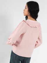 Women's Pink Casual Solid Full Sleeves Shirt with Floral Lace