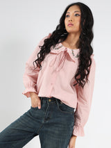 Women's Pink Casual Solid Full Sleeves Shirt with Floral Lace