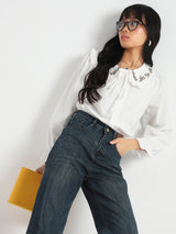 Women's White Casual Solid Full Sleeves Shirt with Floral Lace