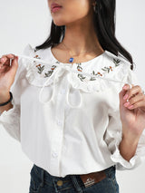 Women's White Casual Solid Full Sleeves Shirt with Floral Lace