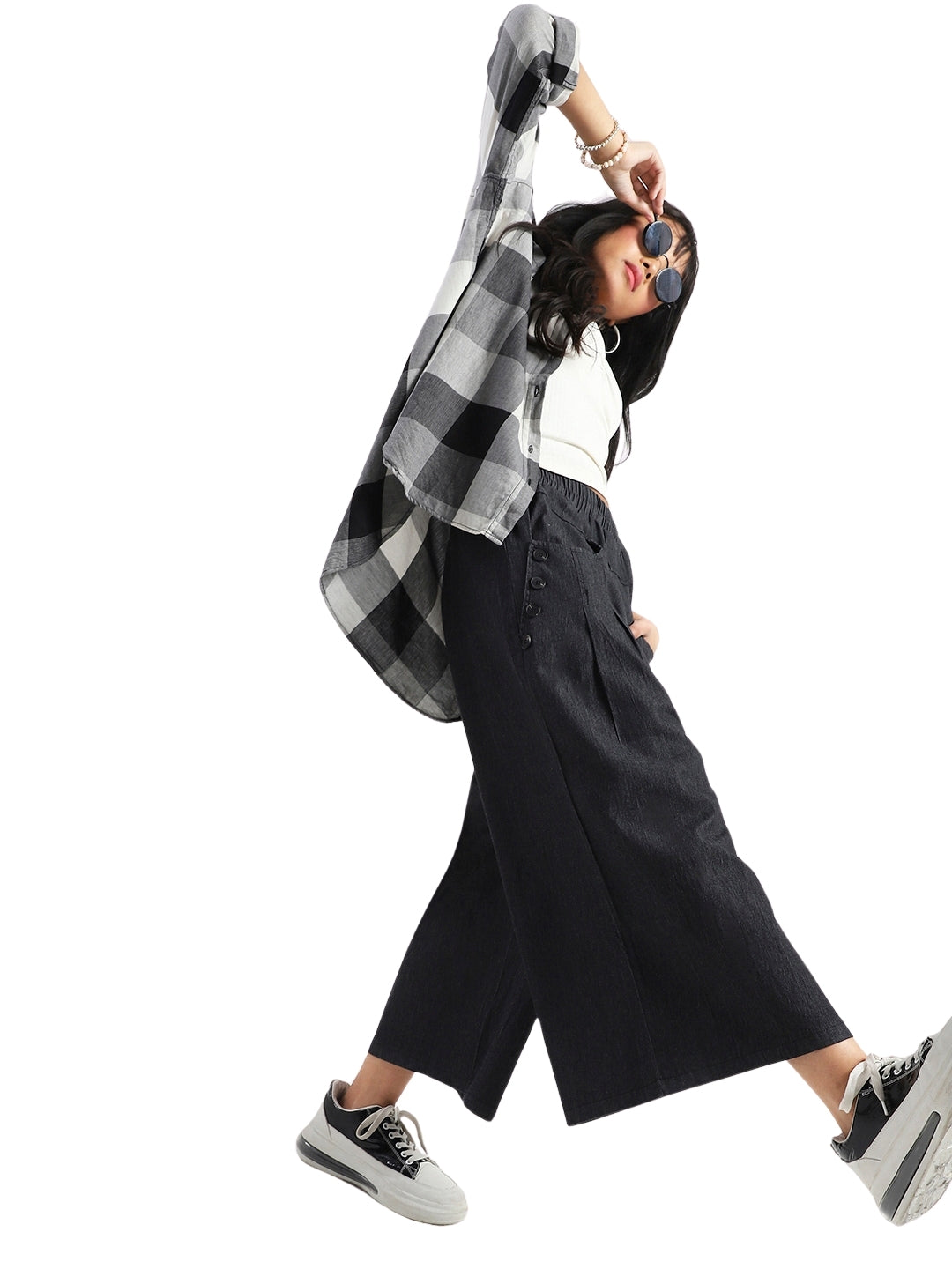 Women's Black Casual High Rise Baggy Denim Pant