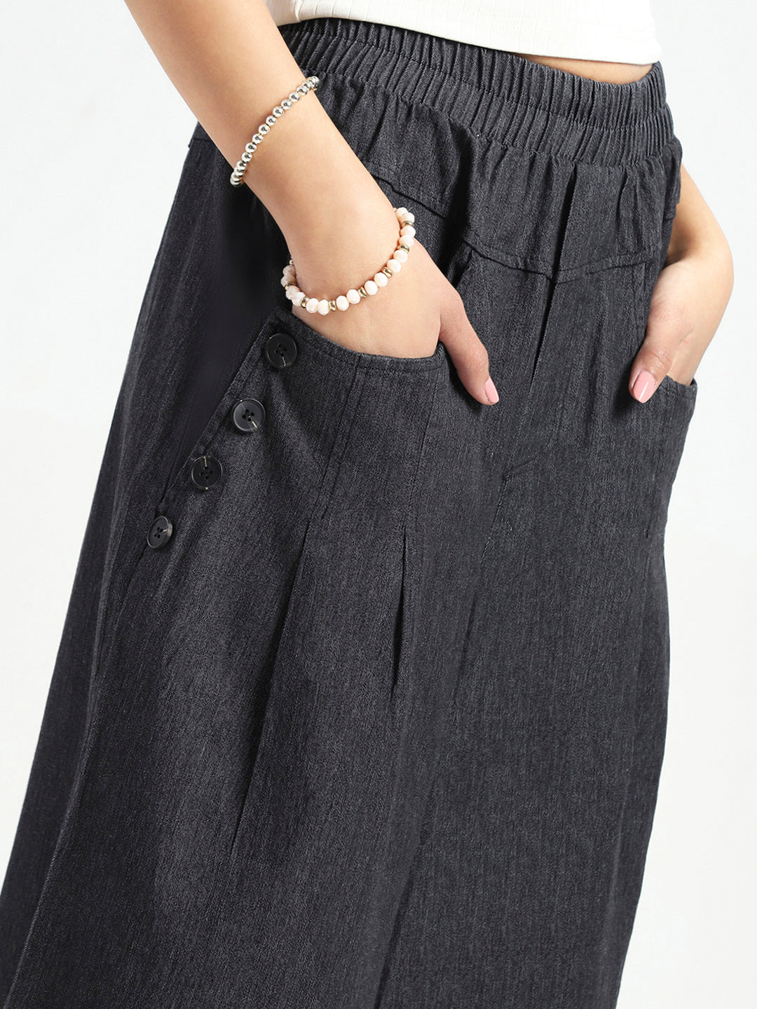 Women's Black Casual High Rise Baggy Denim Pant