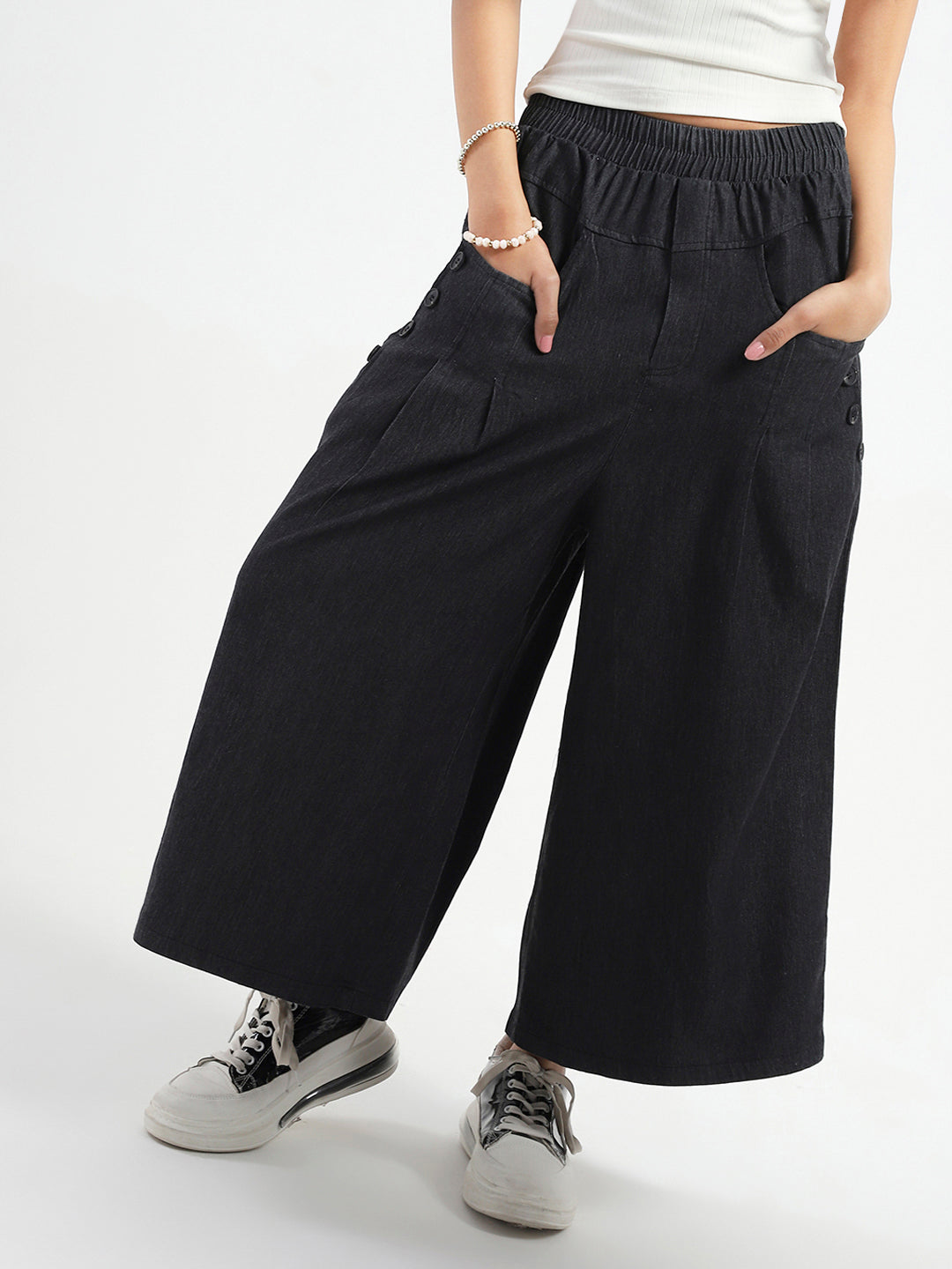 Women's Black Casual High Rise Baggy Denim Pant