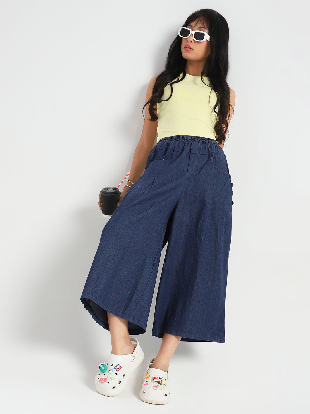 Women's Navy Blue Casual High Rise Baggy Denim Pant