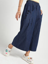 Women's Navy Blue Casual High Rise Baggy Denim Pant