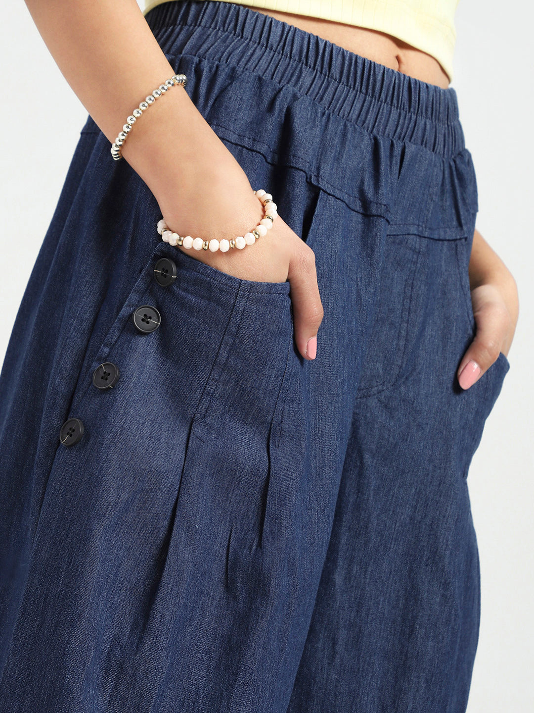 Women's Navy Blue Casual High Rise Baggy Denim Pant