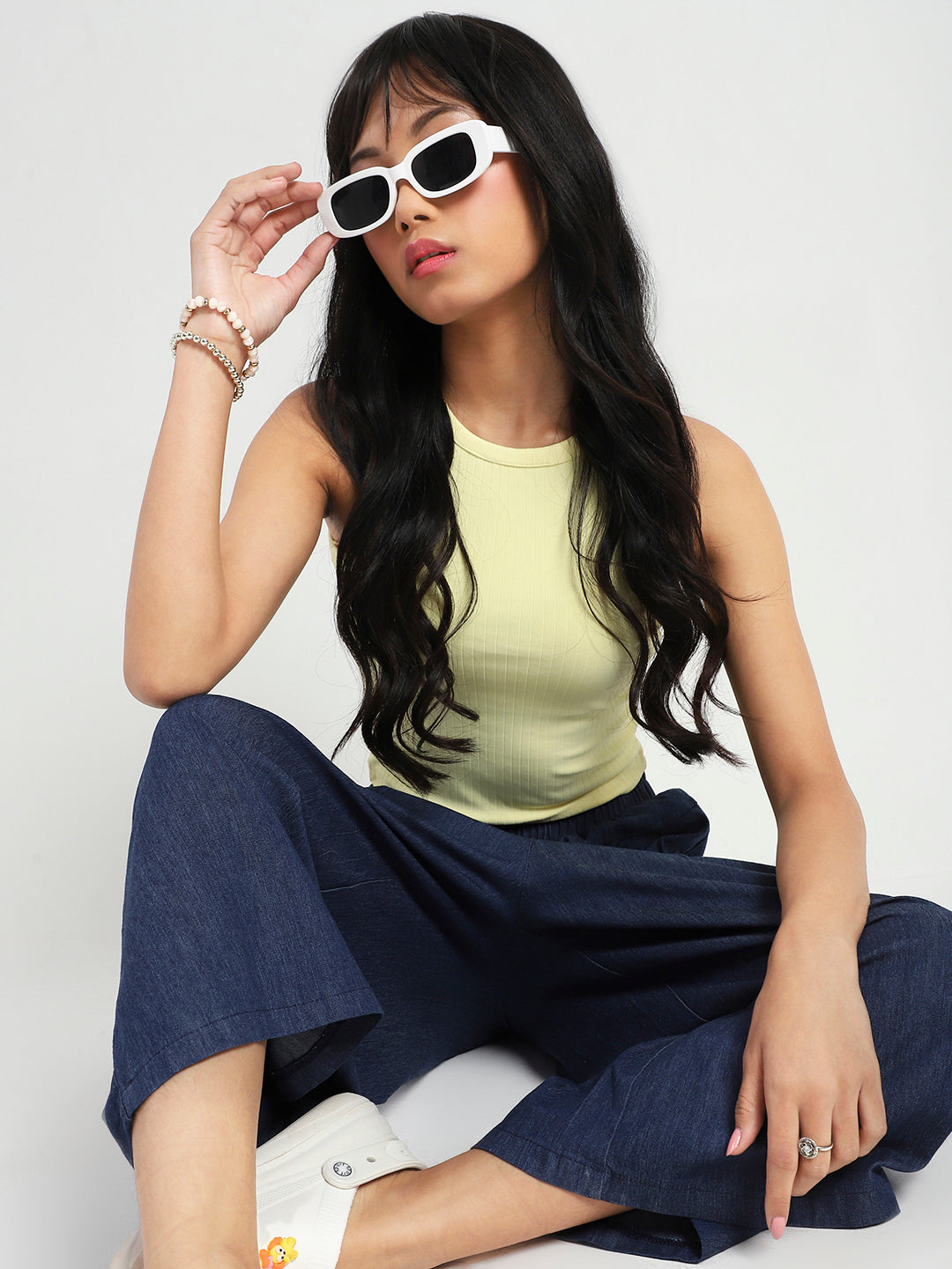 Women's Navy Blue Casual High Rise Baggy Denim Pant