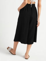 Women's Black Casual Solid Cotton Nylon Wide Leg High Waist Capris