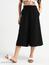 Women's Black Casual Solid Cotton Nylon Wide Leg High Waist Capris