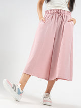 Women's Pink Casual Solid Cotton Nylon Wide Leg High Waist Capris