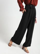 Women's Black Casual Solid High Rise Pleated Wide Leg Trouser