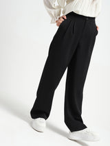 Women's Black Casual Solid High Rise Pleated Trouser