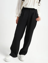 Women's Black Casual Solid High Rise Pleated Trouser