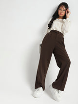 Women's Dark Brown Casual Solid High Rise Pleated Trouser