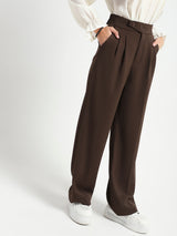 Women's Dark Brown Casual Solid High Rise Pleated Trouser