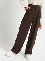 Women's Dark Brown Casual Solid High Rise Pleated Trouser