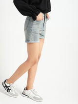 Women's Grey Casual Solid High Rise High Waist Vintage Look Denim Shorts