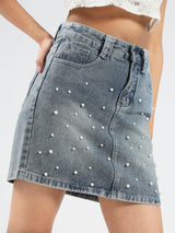 Women's Blue Party Solid Embellished Mini Skirt