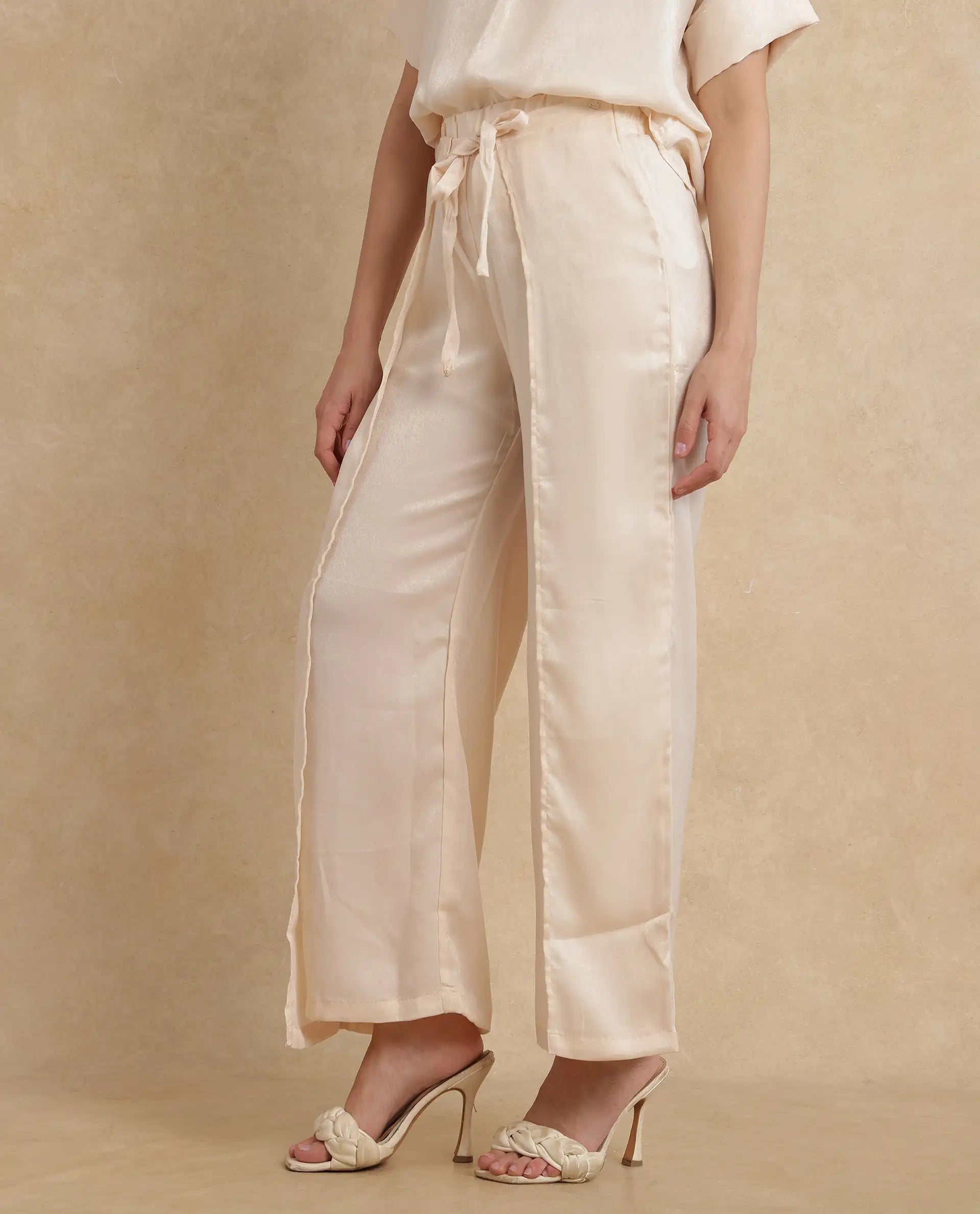 Women's Lamona Beige Polyester Fabric Tie Up Closure Wide Fit Ankle Length Plain Trouser