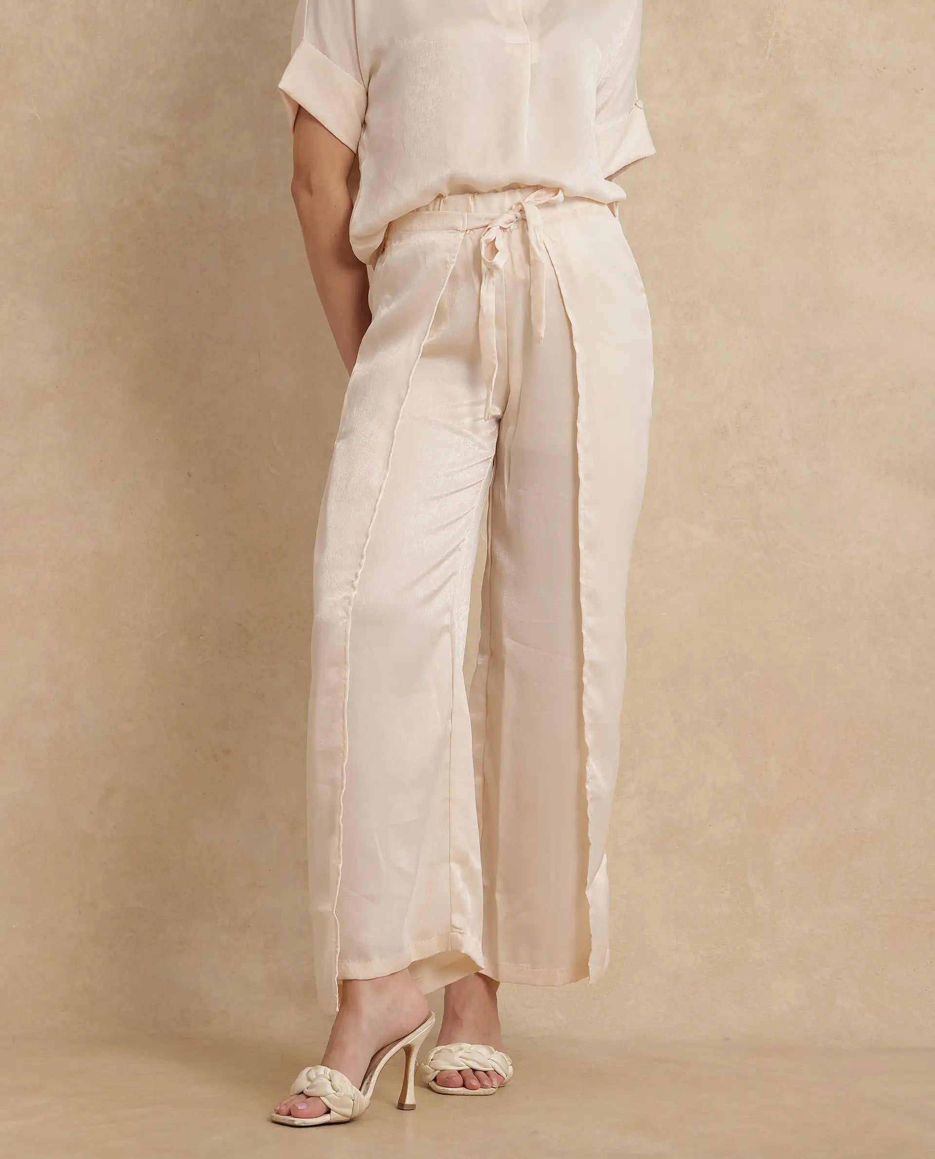 Women's Lamona Beige Polyester Fabric Tie Up Closure Wide Fit Ankle Length Plain Trouser