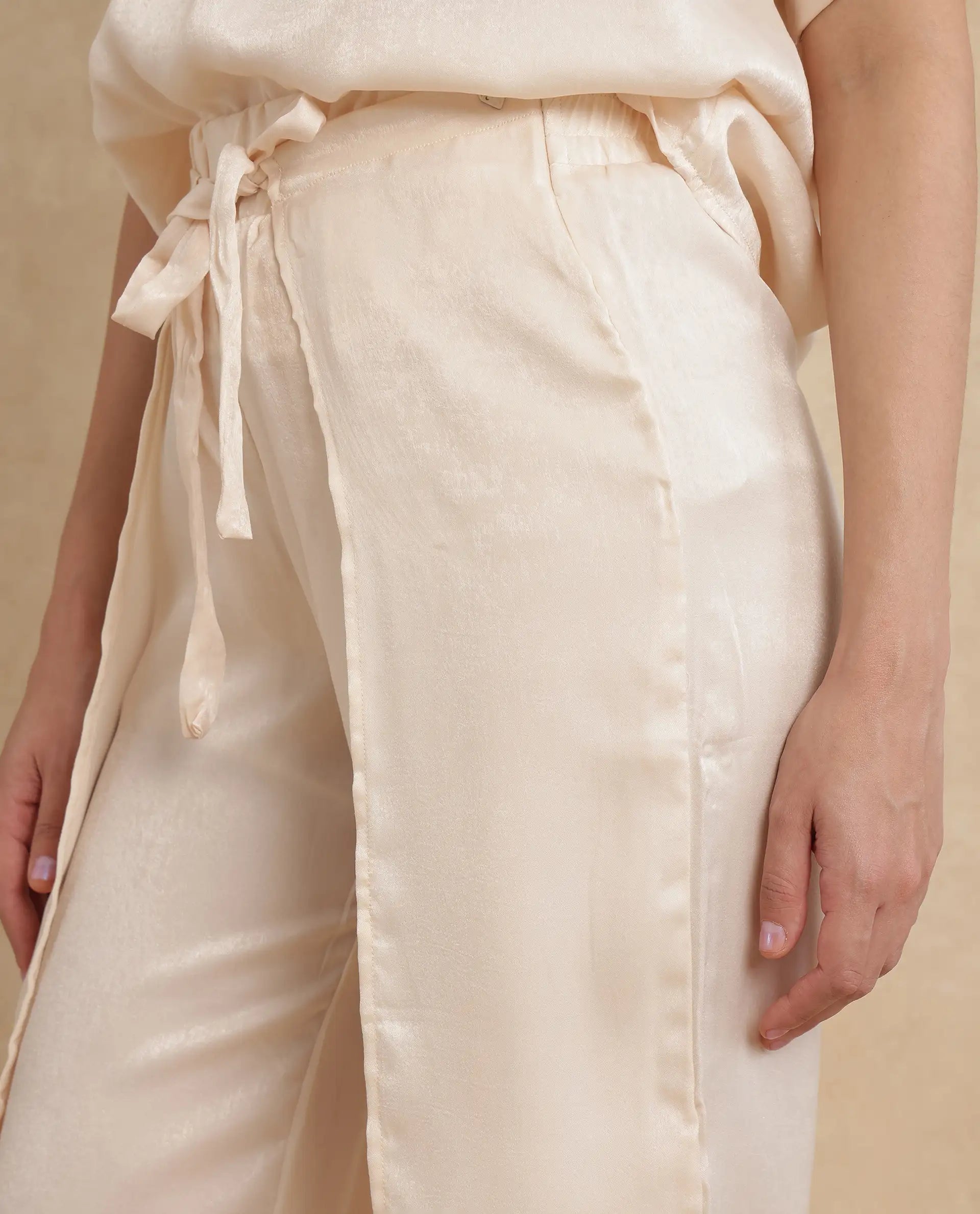 Women's Lamona Beige Polyester Fabric Tie Up Closure Wide Fit Ankle Length Plain Trouser