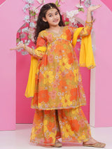Girls Yellow Floral Printed Alia Design Kurta and Sharara With Dupatta