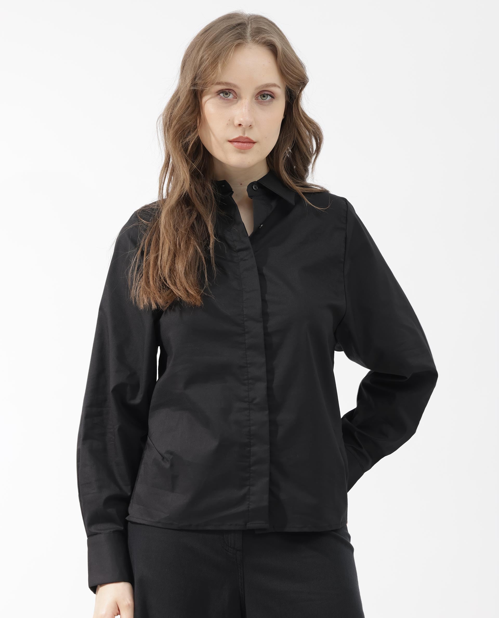 Women's Letizia Black Shirt Full Sleeve Hip Length Dyed