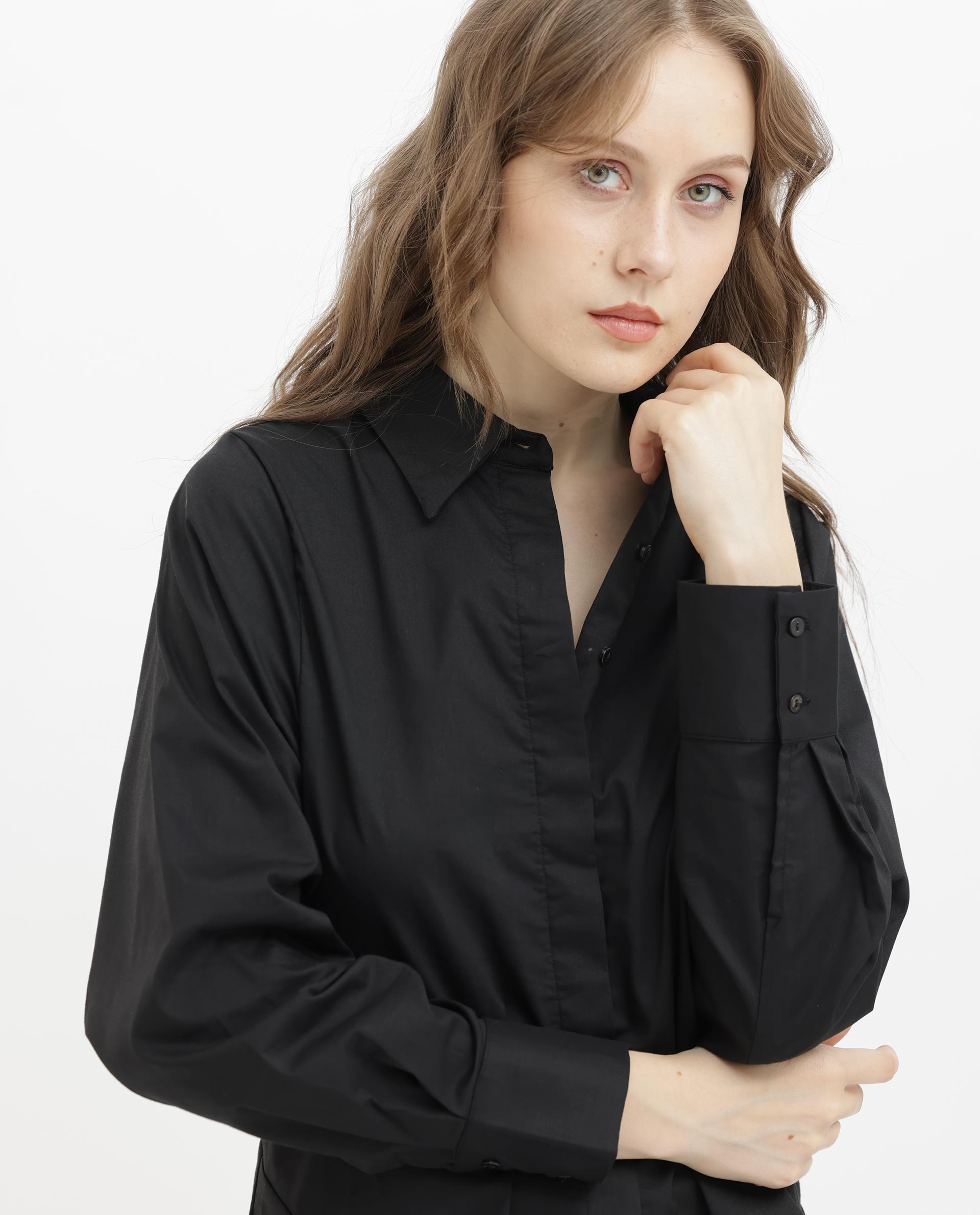 Women's Letizia Black Shirt Full Sleeve Hip Length Dyed