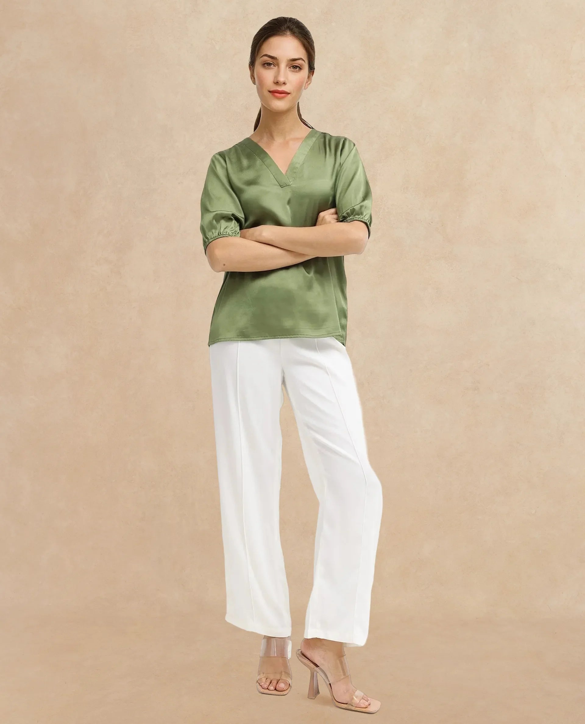 Women's Green Casual Half Sleeves Top
