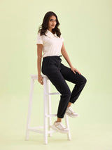Women's Solid Cotton Black Cuffed Jogger