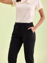 Women's Solid Cotton Black Cuffed Jogger