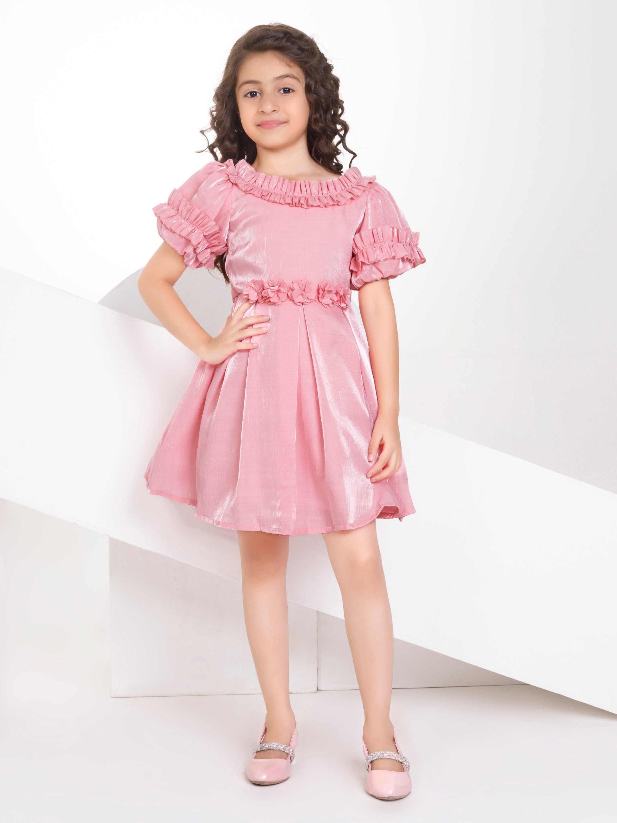 Girls Peach Party Party Wear Off Shoulder Fit & Flared Dress