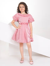 Girls Peach Party Party Wear Off Shoulder Fit & Flared Dress