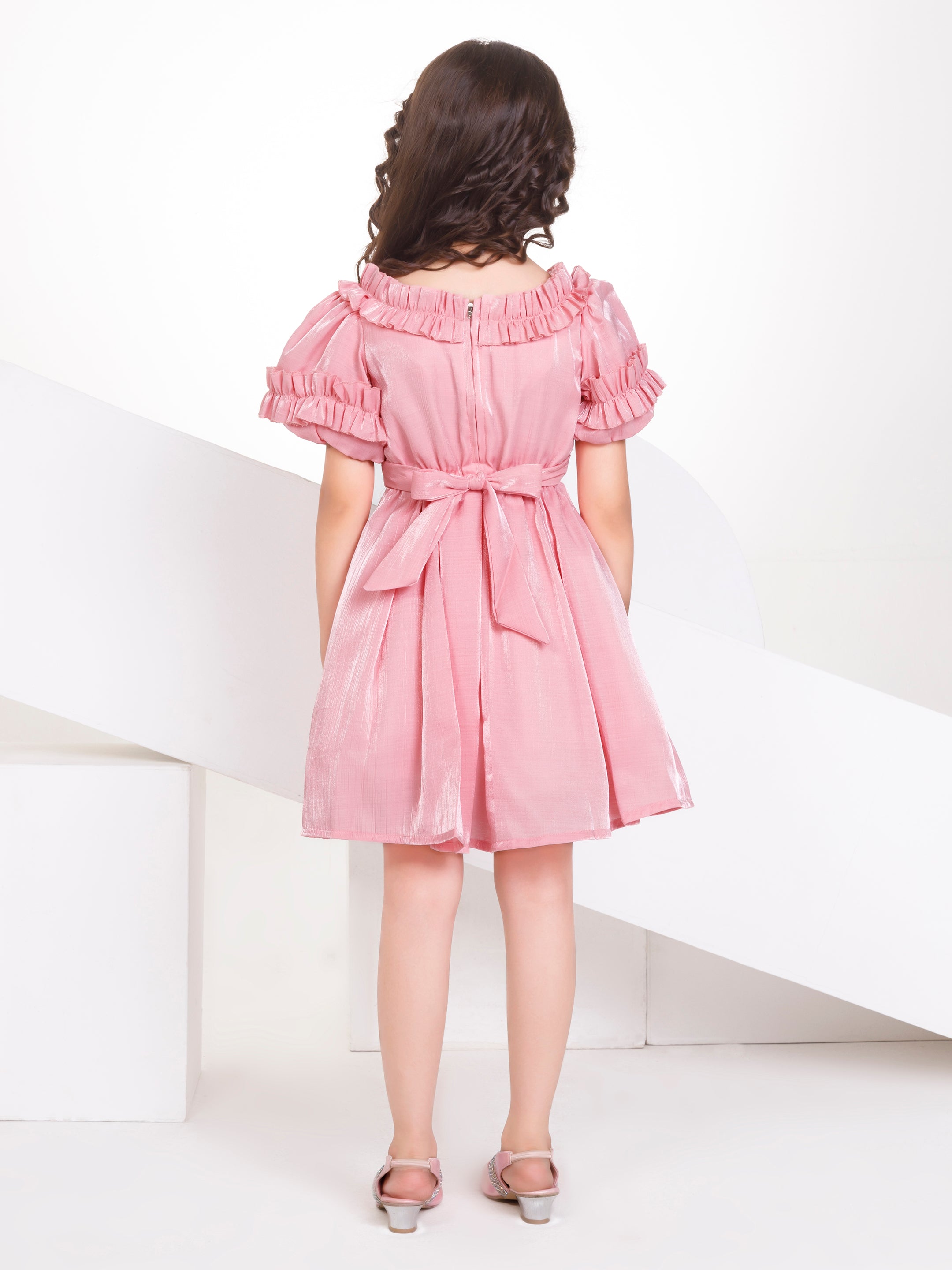 Girls Peach Party Party Wear Off Shoulder Fit & Flared Dress