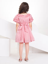 Girls Peach Party Party Wear Off Shoulder Fit & Flared Dress