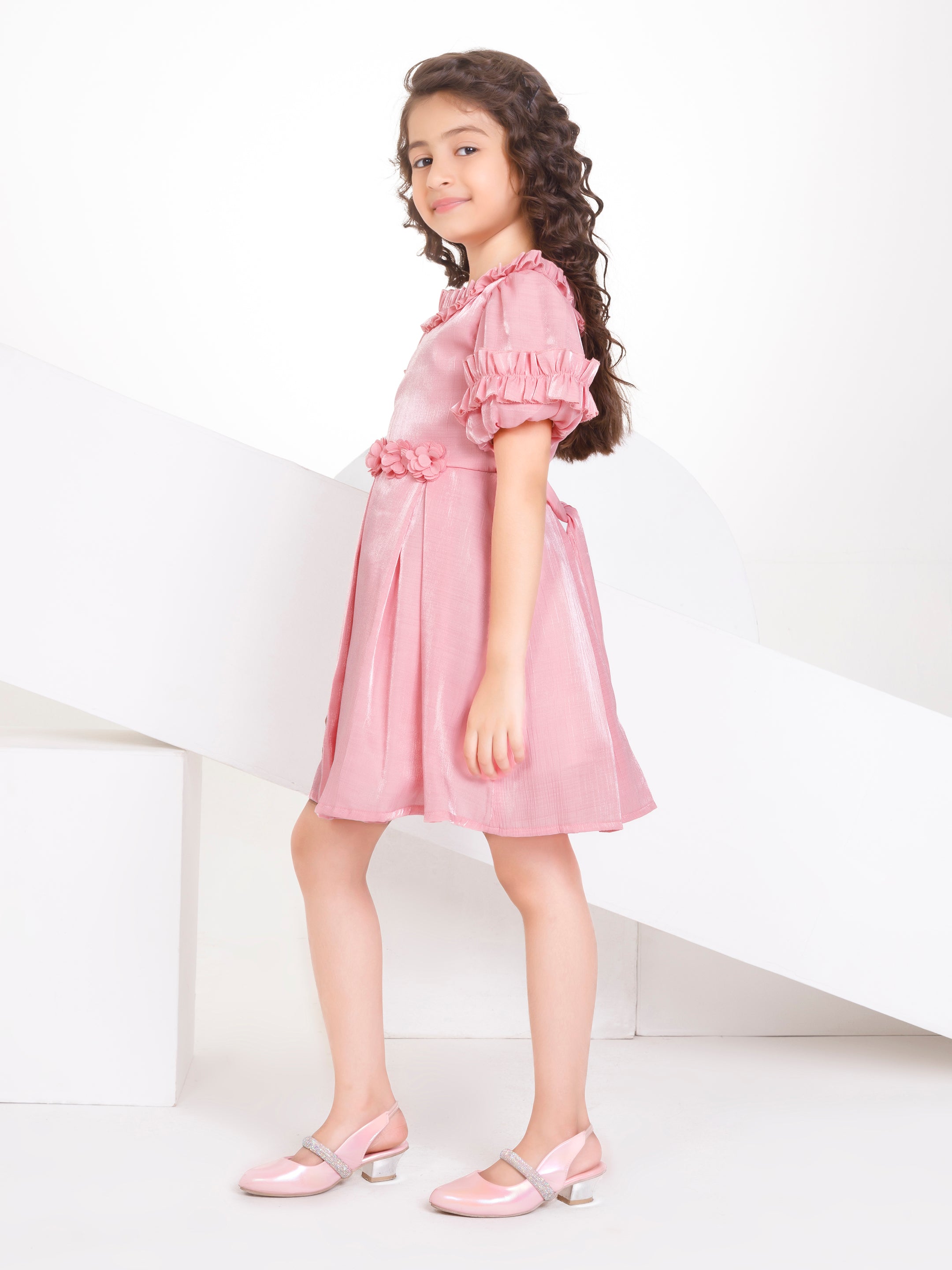 Girls Peach Party Party Wear Off Shoulder Fit & Flared Dress
