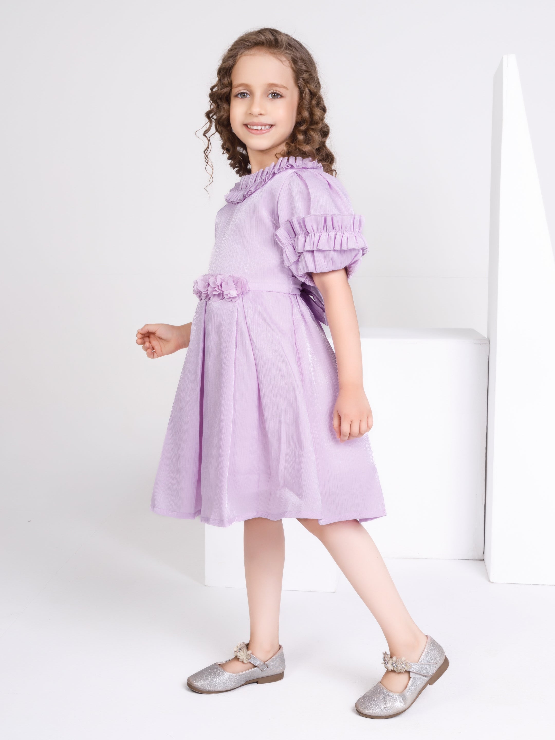 Girls Purple Party Party Wear Off Shoulder Fit & Flared Dress