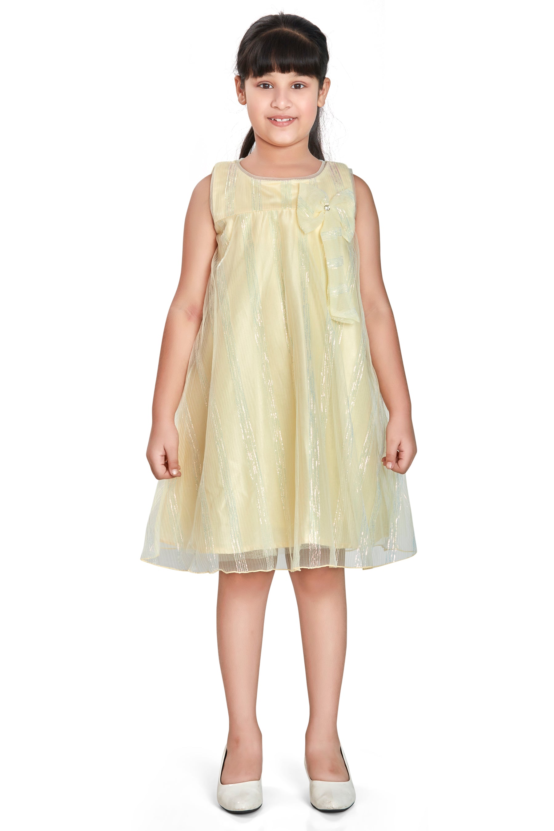 Girls Yellow Party Wear Round Neck Fit & Flared Dress