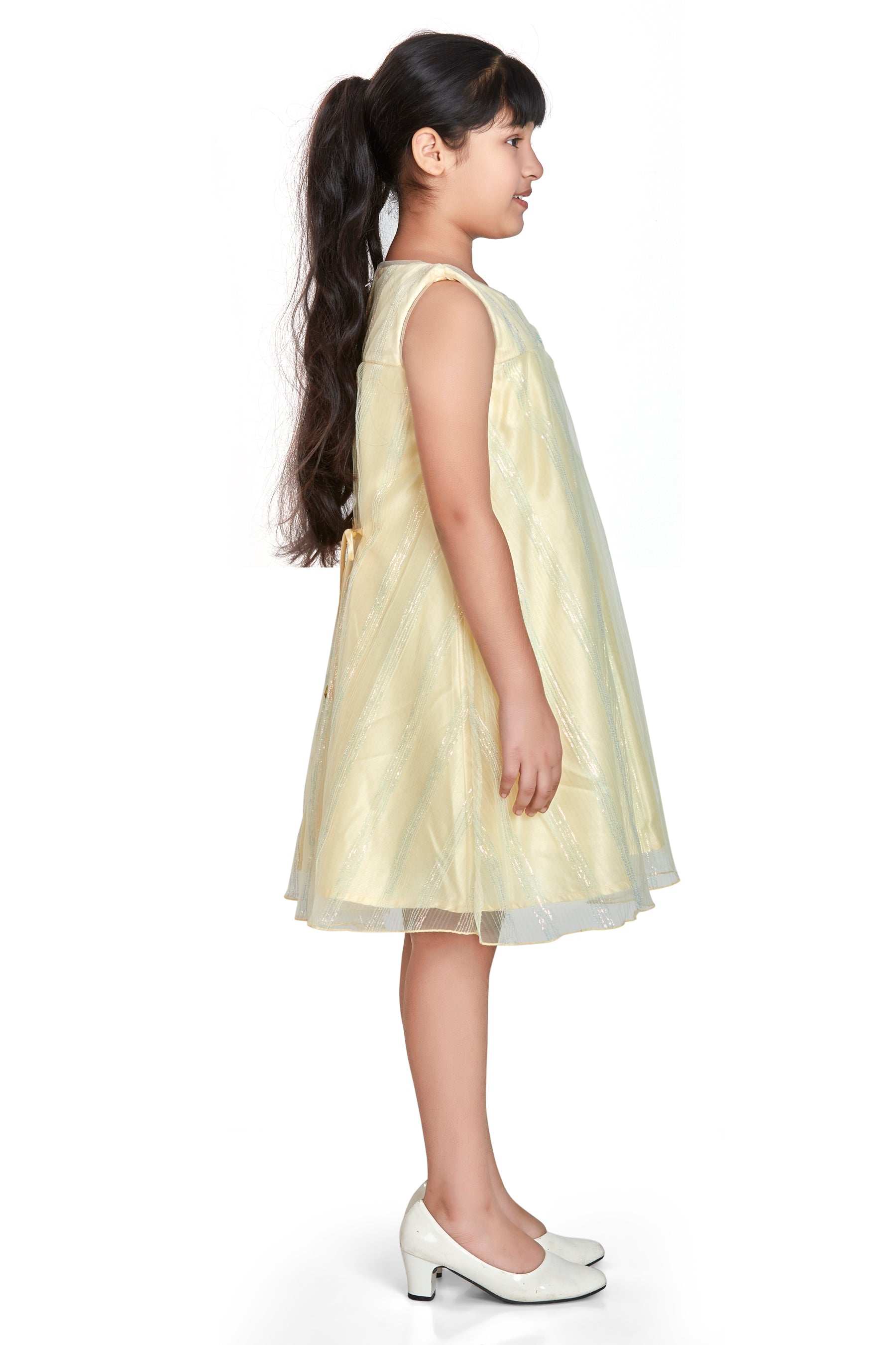 Girls Yellow Party Wear Round Neck Fit & Flared Dress