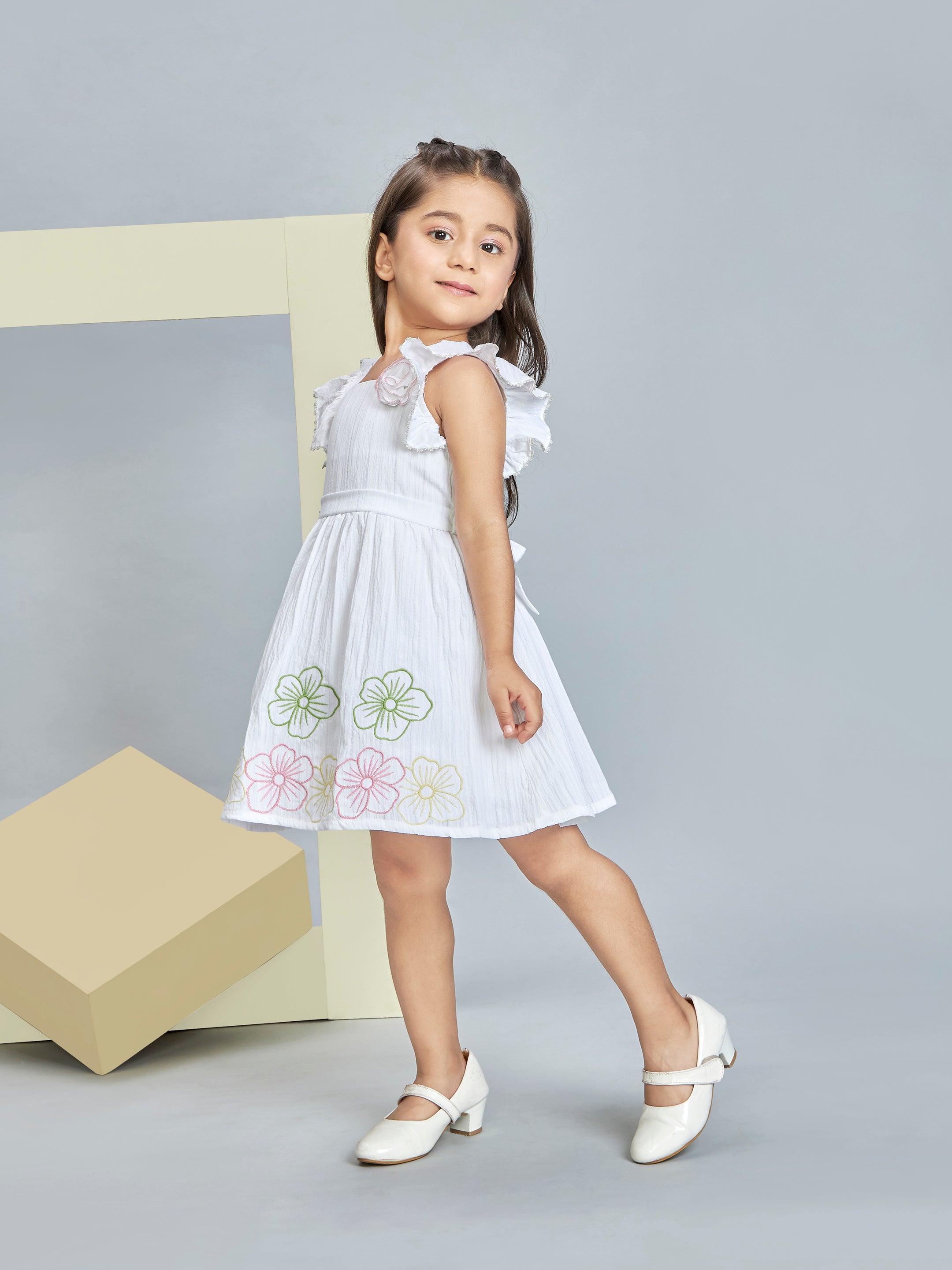 Girls White Casual Wear Dress
