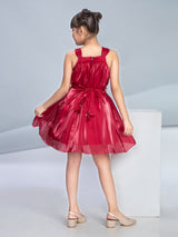 Girls Maroon Party Wear Square Neck Fit & Flared Dress with Belt