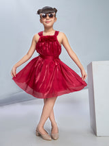 Girls Maroon Party Wear Square Neck Fit & Flared Dress with Belt